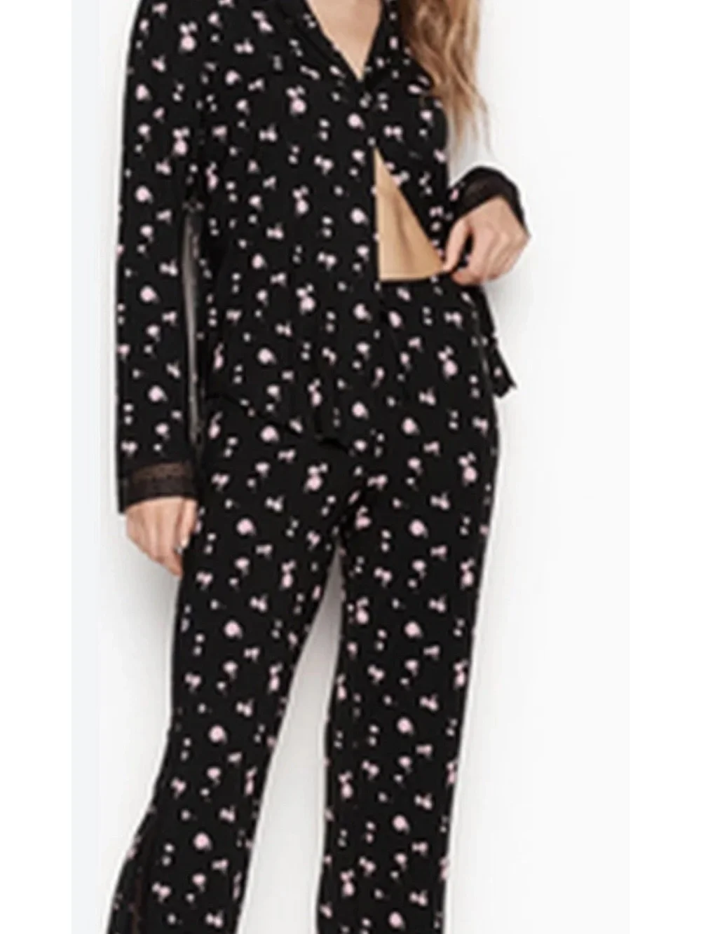 Victoria's Secret Black & Pink Floral Pajama Set - Super Soft with Lace Trim -M